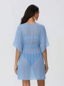 Vestido Cubridor de Chifón Transparente para Mujer, Unicolor, Cuello en V, Manga Murciélago, Cintura con Cordón, Corto, Fluido para Playa de Verano - azul cielo - Ver 3