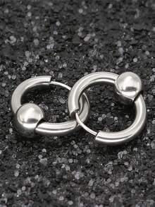 2只/1对不锈钢银色圆环耳环，独特设计，简约时尚男女通用耳环 - 銀色 - 查看 1