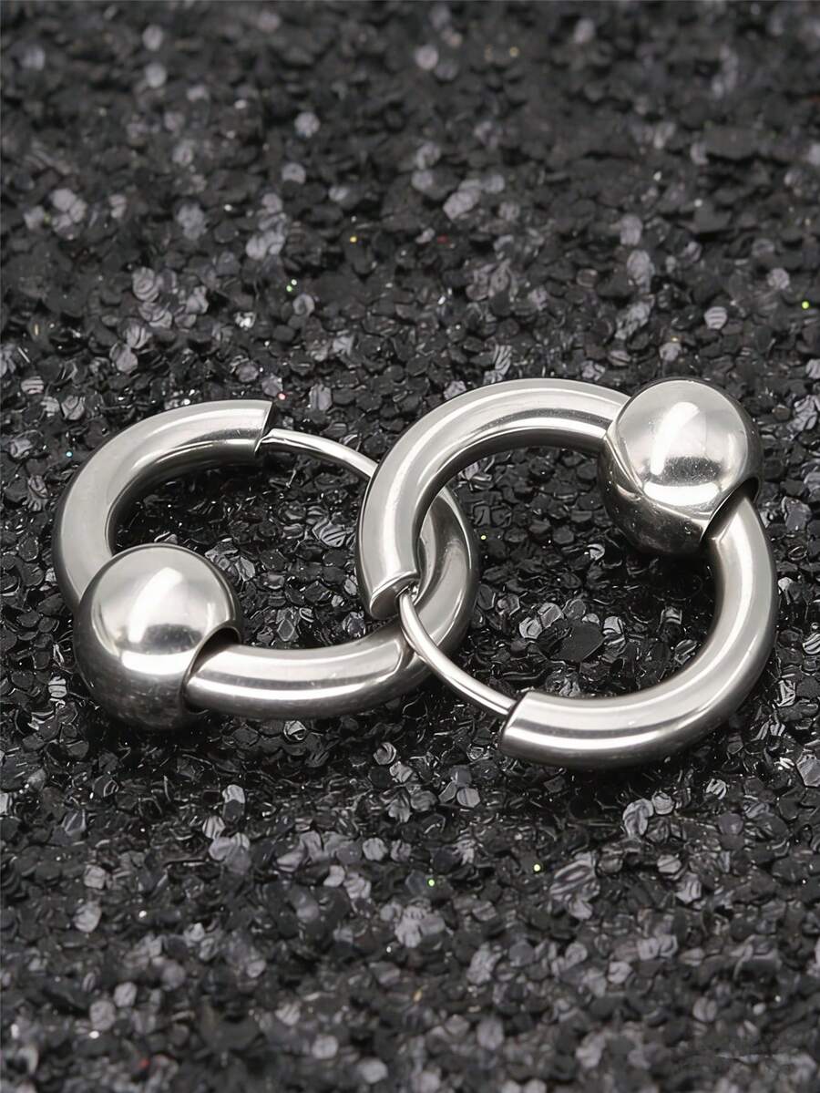 2只/1对不锈钢银色圆环耳环，独特设计，简约时尚男女通用耳环 - 銀色 - 查看 1