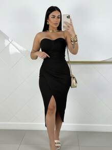 Strapless Midi Dress With Padded Cups And Front Slit - Women's Fashion, Party, Vacation And Elegance - Summer 2026 - 黑色的 - 查看 1