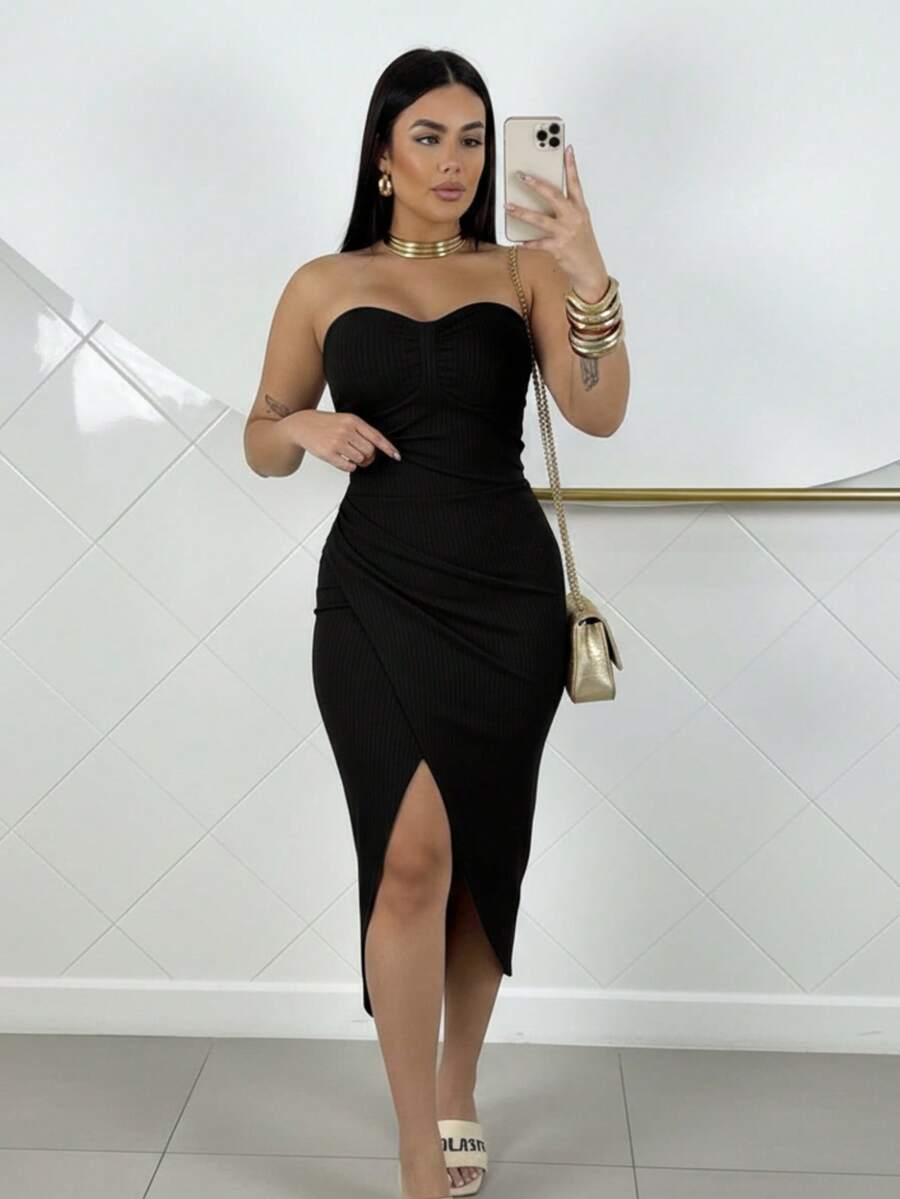 Strapless Midi Dress With Padded Cups And Front Slit - Women's Fashion, Party, Vacation And Elegance - Summer 2026 - 黑色的 - 查看 1