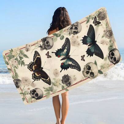 1 pieza Toalla de playa con estampado vintage de calavera y mariposa, toalla de playa suave, cómoda y ligera, adecuada para viajes, natación, buceo, surf, yoga, camping, accesorios de playa
