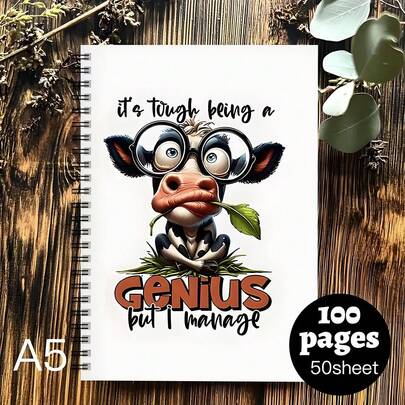 Genius Spiral Notebook - Cute Cow Design With Glasses And Genius Cow Cover - College Ruled Paper Suitable For School, Office, Bullet Journal - Durable Binding And Smooth Pages - Funny Stationery Gift For Students And Professionals - Motivational Planner - Compact Portable Spiral Notebook - Undated Layout