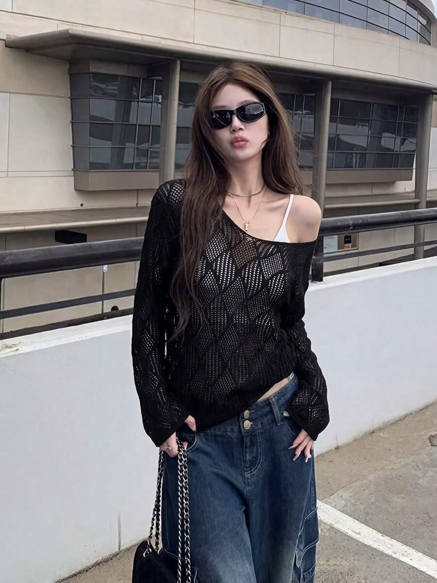 波西米亚风黑色不对称肩针织毛衣，女士夏季薄纱蕾丝罩衫，V领上衣 - 黑色 - 查看 1