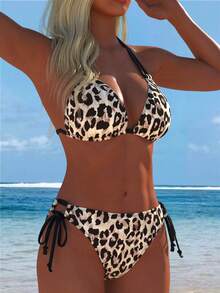 Conjunto de bikini sexy con estampado de leopardo y cuello halter para mujer, Bottom de baño con lazos laterales, traje de baño casual para la playa, nuevo atuendo de vacaciones de verano para viajes, ropa de resort - Multicolor - Ver 5