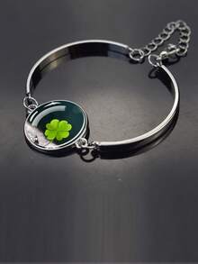 1pc Elegant Lucky Bracelet, Embedded With Four-Leaf Clover Glass Dome Design, Fashionable And Generous, Suitable For Men And Women, An Excellent Gift And Ideal Birthday Present - Silver - View 6