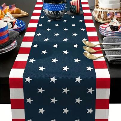 Large American Flag Table Runner  Red White  Blue Star Spangled Polyester Tablecloth, Durable Easy-Clean Independence Day Decor For 4th Of July, Parties, Weddings, Patriotic Events - USA-Themed Party Supplies