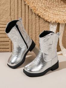 NILOSH Embroidered Western Cowboy Boots, New Fashion Mid-Calf Boots For Boys & Girls, Retro Style - Silver - View 1