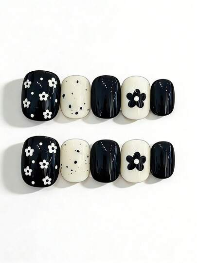 10pcs It Features A Timeless Black-And-White Color Palette, Adorned With Playful 3D Floral Patterns, Delicate Polka Dots, And Sleek Solid-Color Blocks, Exuding A Retro Yet Edgy Vibe. The Glossy Finish And Bold Contrast Create A Chic And Eye-Catching Texture. This Versatile Style Is Perfect For Adding A Touch Of Personalized To Any Outfit, Making It Ideal For Daily Outings, Parties, And Gatherings.