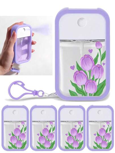 Botella de spray con patrón de tulipán, botella de spray portátil de 50ml, soporte de silicona para desinfectante de manos con llavero, diseño de envoltura completa, fácil de usar, material de silicona suave, portátil para viajes, necesidad diaria, trabajo diario, esencial escolar, con llavero morado para identificación fácil (este producto no contiene, por favor agregue agua después de recibir y abrir)