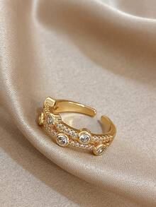 18K Gold Plated Copper Double-Layer Color-Block Zirconia Open Gold Ring For Women, Gold Plated Ring, Jewelry Set, Suitable For Daily Wear, Festivals, Parties, Dating, Beach, Easter, Mother's Day, Summer Jewelry, Valentine's Day Gifts, Gifts For Mom, Bohemian Style Jewelry - Multicolor - View 7