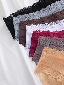 7 piezas de bragas triangulares de mujer de unicolor, algodón, encaje, patchwork, acanaladas, sexy, románticas, cómodas y de cintura baja - Multicolor - Ver 7
