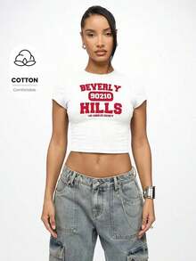 90210 Retro Streetwear Crop Top Baby Tee Y2K Fashion Los Angeles County Statement Fitted Short Sleeve Summer Casual T-ShirtLeisure - 白色 - 查看 9