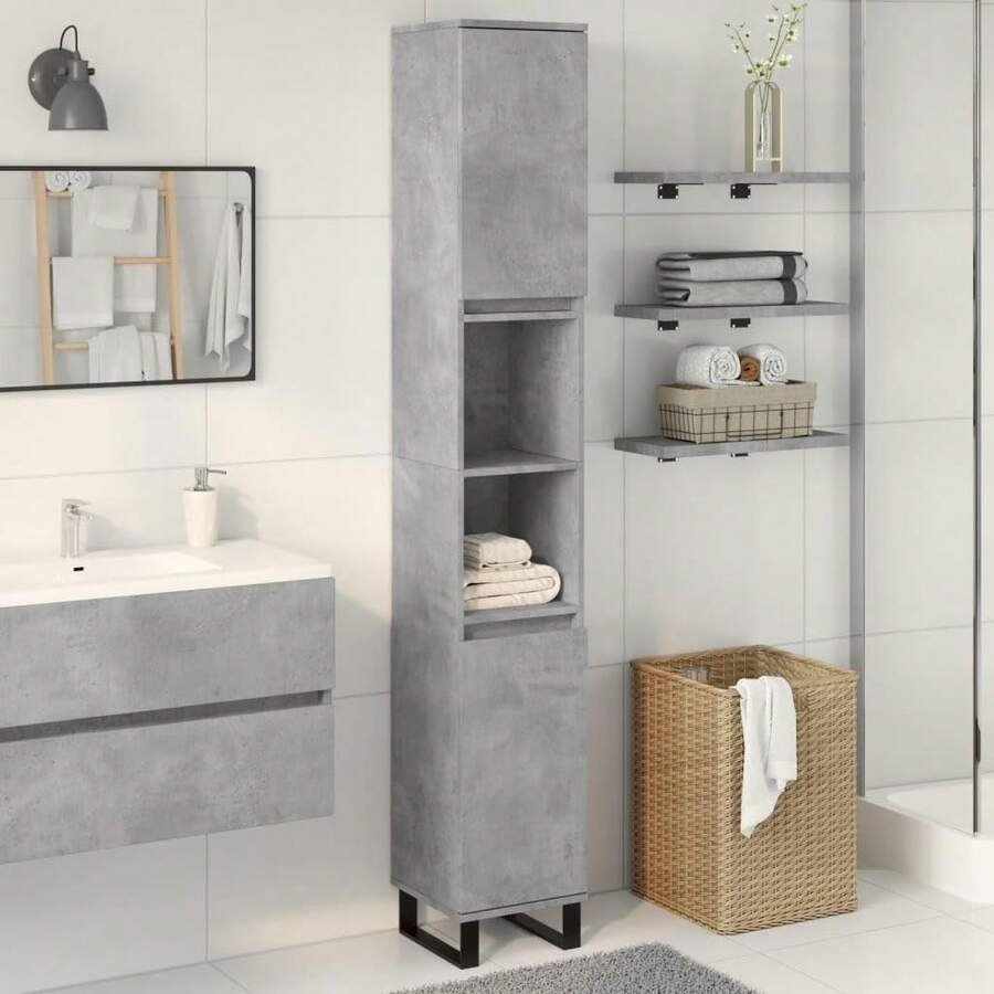 vidaXL Mobiletto da bagno con ripiano, grigio cemento, 30 x 30 x 190 cm, mobiletto da bagno moderno, mobiletto rettangolare, ampio specchio, elegante mensola a muro, pratico organizer