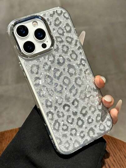 Electroplated Silver Camera Frame Phone Case, Shiny Silver Leopard Sequin Leather Sticker Back Cover, Paired With Electroplated Buttons, Luxurious And Elegant Phone Case, Suitable For 17Promax/16Promax/15Promax/17Pro/17/16/15/14/13/12/11, Perfect Gift For Girlfriend/Birthday/Valentine's Day