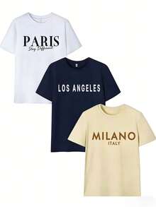 Bộ 3 áo thun nữ mùa hè cổ tròn tay ngắn, in hình các thành phố Mỹ cổ điển - Paris, Los Angeles, Milan, Ý, phong cách tối giản, thường ngày. - trắng - Xem 5