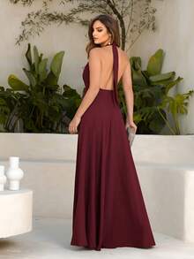 Long Backless Bridesmaid Dress, Halter Neck With Neck Strap - Redwood - View 5