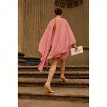 Women's Short Dress With Asymmetrical Sleeves And Capes - Màu Hồng baby - Xem 2