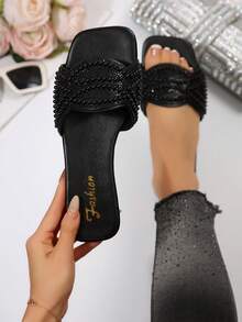 Women's Versatile Black Pearl & Rhinestone Flat Slippers, Summer - Black - View 11