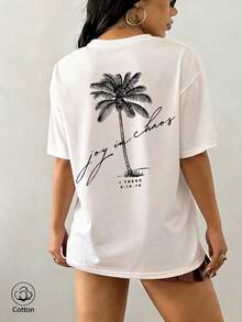 Beach Coconut Tree Print Women's Round Neck Loose T-Shirt, Summer Vacation Travel Beach, Casual Sports Elegant - White - View 4