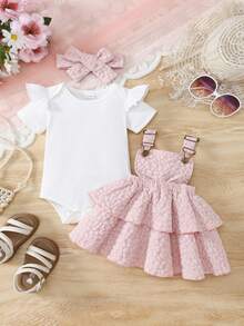 3pcs/Set Baby Girls Summer Ribbed Romper + Fluffy Layered Suspender Skirt + Bow Headband - Multicolor - View 2