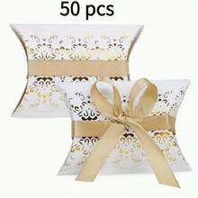 50 hộp quà hình gối bằng giấy viền trắng kèm ruy băng, thích hợp làm quà tặng, quà cưới, quà sinh nhật và quà ngày lễ. - Nhiều màu - Xem 5