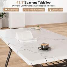 Mesa de comedor Conjunto para 4, Mesa de cocina con sillas de bucle para 4, Mesa de comedor rectangular moderna con estante de almacenamiento para espacio pequeño - blanco roto y mármol - Ver 4