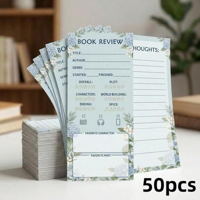 50pcs Double-Sided Reading Reflection Cards, Book Review Record Cards, Hydrangea Series, Detailed Star Rating Evaluation, Reading Progress Tracker, Double-Sided Bookmarks, Atmospheric Reading Record Cards