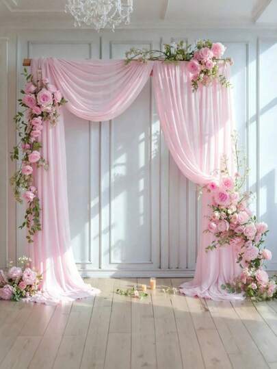 Zachtroze tule, roze bruidssluier, roze feestsluier, hoogwaardige decoratieve sluier, multifunctionele hangende stof - geschikt voor ceremonies, tafel- en stoeldecoratie, balustradedecoratie, feestdecoratie, locatiedecoratie en trouwachtergronden.