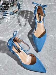 Tacones de mujer con punta afilada, de ante, con diseño hueco y lazo, de tacón grueso, versátiles para uso diario, trabajo, negocios, color negro, tallas grandes - Celeste - Ver 3