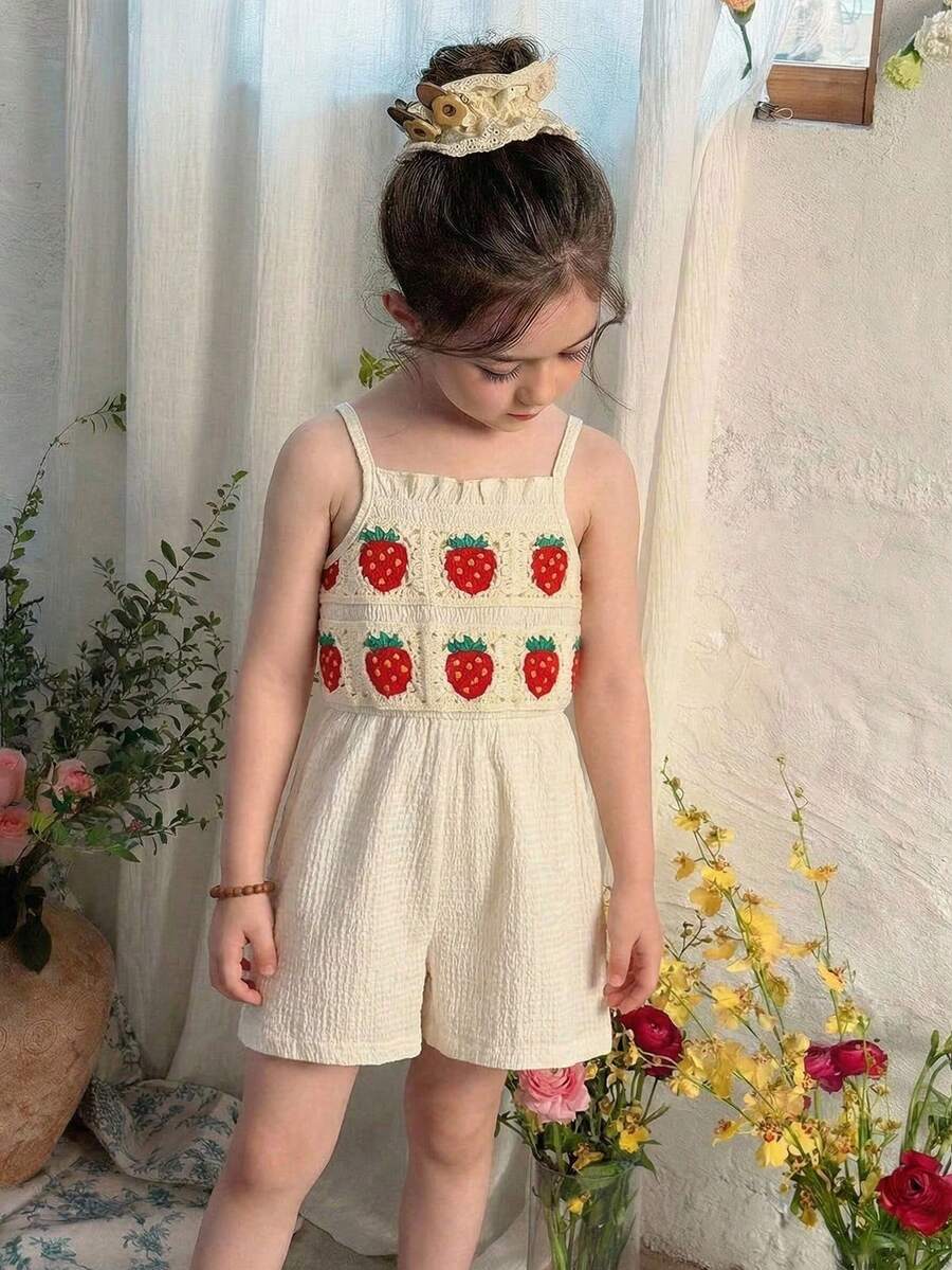 少女时尚可爱针织提花草莓丝带装饰无袖连体短裤,春夏休闲装,适合日常外出穿着 - 杏色 - 查看 1