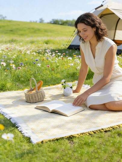 Manta de picnic de franela suave y resistente al agua, manta de camping para exteriores, colchoneta de camping portátil de tela no tejida, tono amarillo claro fresco, patrón de estilo INS, suministros para playa, parque y césped, manta de camping portátil, ligera y plegable, multiusos, adecuada para vacaciones, picnic de verano y primavera, senderismo, aventura, playa, fiesta al aire libre, camping, regalos de festival