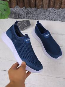 Plus Size Unisex Slip On Mesh Breathable Sneakers - Casual Sports Shoes With Non-Slip Thick Sole (Multi Color Options) - 藍色 - 查看 5