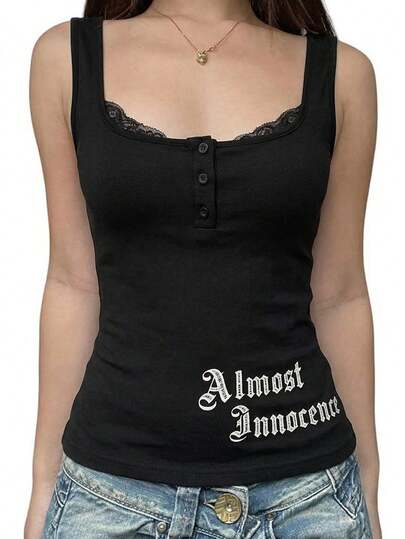 Women's Sexy Black Lace Trim Henry Tank Top - Gothic Letter Print "Almost Innocent" Fitted Sleeveless Camisole, Suitable For Summer, Valentine's Day, Elegant Style, Beach Holiday Casual Streetwear, Spring/Summer Festival, Y2K Gothic Outerwear