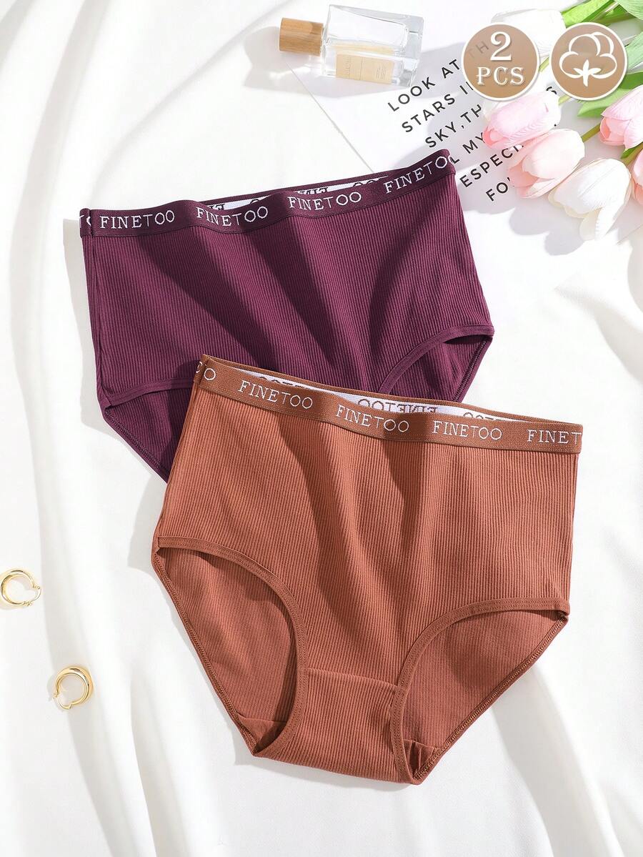2 piezas Bragas de cintura alta de algodón acanalado cómodo y minimalista con diseño de letra, ropa interior deportiva para mujer - Multicolor - Ver 1