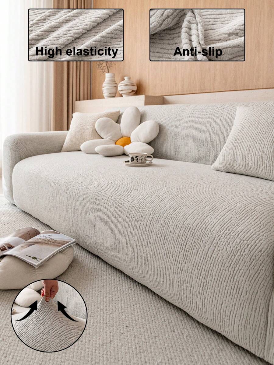 1pc Classic Elastic Fitted Sofa Cover, With T-Shaped Pillow Design, Machine Washable Polyester Slipcover With Antibacterial And Soft Properties, Suitable For Single/Loveseat/3-Seater/4-Seater Sofa, Holiday Decor - Light Grey - View 1
