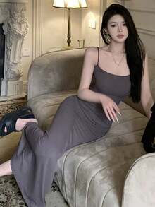 性感褶皱修身露背镂空吊带连衣裙，女士夏季款 - 深灰色 - 查看 2