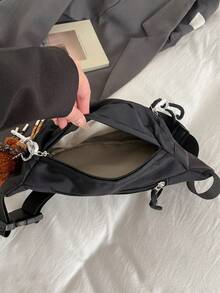 可爱纯色学生街头风女式斜挎包，夏季百搭，多功能腰包，饰有泰迪熊图案，休闲手机零钱包单肩包，户外旅行大容量运动斜挎包，时尚日常通勤腰包，节日礼物之选 - 黑色 - 查看 9