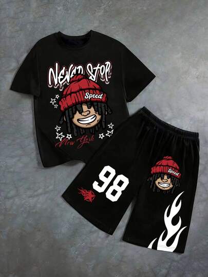 2pcs/Set Boys' Casual Cartoon Print Short Sleeve Round Neck T-Shirt + Pants