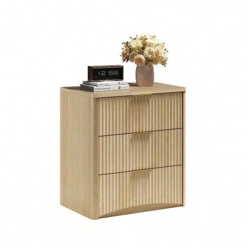 Classic Bedside Table With 3 Spacious Drawers – Unique Grooved Design, High-Quality Metal Handles & Quiet Runners – Sturdy Base – Oak - Khaki - View 1