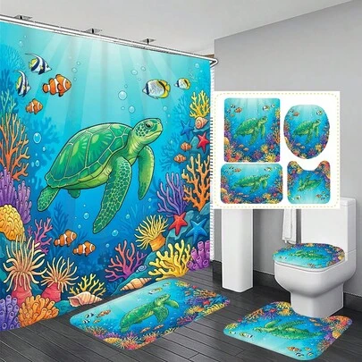 1pc/4pcs Watercolor Underwater World Sea Turtle & Coral Pattern Bathroom Decor Shower Curtain Set, Comes With 12 Free Hooks, Elegant Holiday Atmosphere, Bathroom Mat, U-Shaped Toilet Mat And Round Toilet Mat, Suitable For All Scenarios