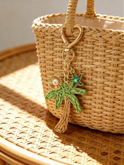 Handmade Grass Coconut Tree Pendant With Shell And Starfish Elements - Bohemian Vacation Style. Raffia Art Pendant, Ocean Alloy Pendant, Hawaiian Style. Suitable For Backpack, Wallet Decoration, Headphone Bag Accessories