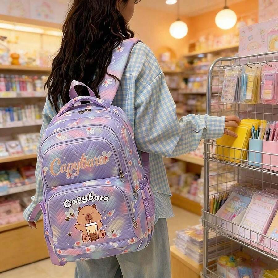 Capybara Themed Large Capacity Backpack - Cute Blue & Pink Zipper Closure, Laptop Compartment, Polyester Material, Lightweight & Fashionable, Suitable For Commuting And Back To School, Padded Shoulder Straps, Secure Zipper Closure, Travel Backpack, Fun Design, Sturdy , Back To School Supplies School Essentials - Multicolor - View 1