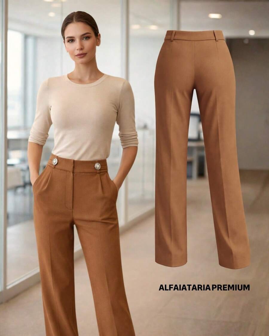 Women's Trousers/Tailored Trousers/Basic Trousers/Elegant Trousers/Skinny Trousers/Pocket/Zipper/Button - 淡焦糖 - 查看 1