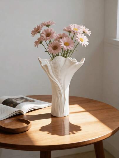 1个花瓶装饰花瓶插花容器，现代简约美学家居装饰桌面摆件，波浪褶皱不对称雕塑设计，适用于客厅、卧室、办公室、餐桌、玄关、婚礼、派对、节日装饰、新房装饰、鲜花、干花展示、波西米亚风家居装饰、桌面装饰、室内装饰花瓶中心摆件