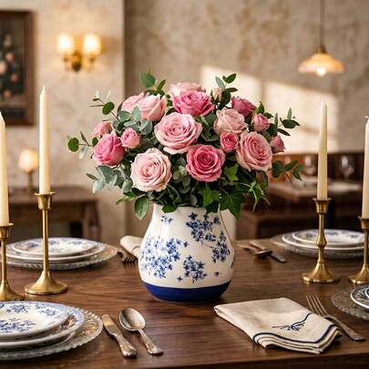 1个复古蓝白陶瓷花瓶，圆形桌面装饰花瓶，适用于水培和插花，非常适合摆放在玄关、书房和客厅等家居场所。