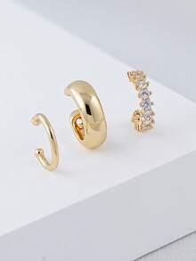 3 chiếc khuyên tai vòng hình chữ C kiểu tối giản mạ vàng, đính đá Cubic Zirconia, làm từ đồng (3 chiếc, không phải 3 đôi) - Vàng - Xem 3
