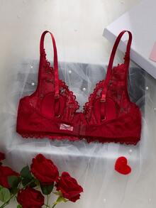 Sexy Red Bunny Ears Lace Bra For Women - Sheer Embroidered Underwire Bralette, Perfect Halloween Pajamas & Night Wear For Fall - Red - View 5