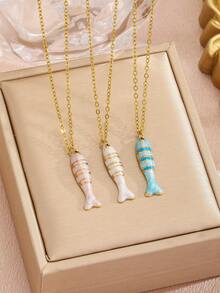 1 chiếc mặt dây chuyền hình cá nhỏ bằng thép không gỉ tinh tế, phụ kiện thời trang mùa hè, trang sức đường phố, trang sức đi biển, vòng cổ đi nghỉ mát. - Vàng - Xem 8