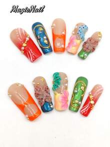 10 Móng Tay Giả Làm Thủ Công, Dài 33mm, Hình Quan Tài, Màu Xanh Dương, Xanh Lá Cây, Đỏ, Hoa Xanh Dương Nổi Ba Chiều, Hoa Cà Phê, Đường Viền Vàng, Họa Tiết Sao Biển Vỏ Sò Vàng, Ngọc Trai Trắng Nhỏ. Móng Tay Mùa Xuân Cá Nhân Hóa. Móng Tay Giả Dán. - Nhiều màu - Xem 2